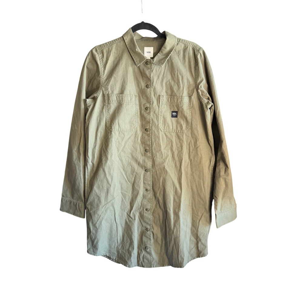Vans Broadway Olive Green Cotton Twill Button Up Utility Shirt Dress Size L